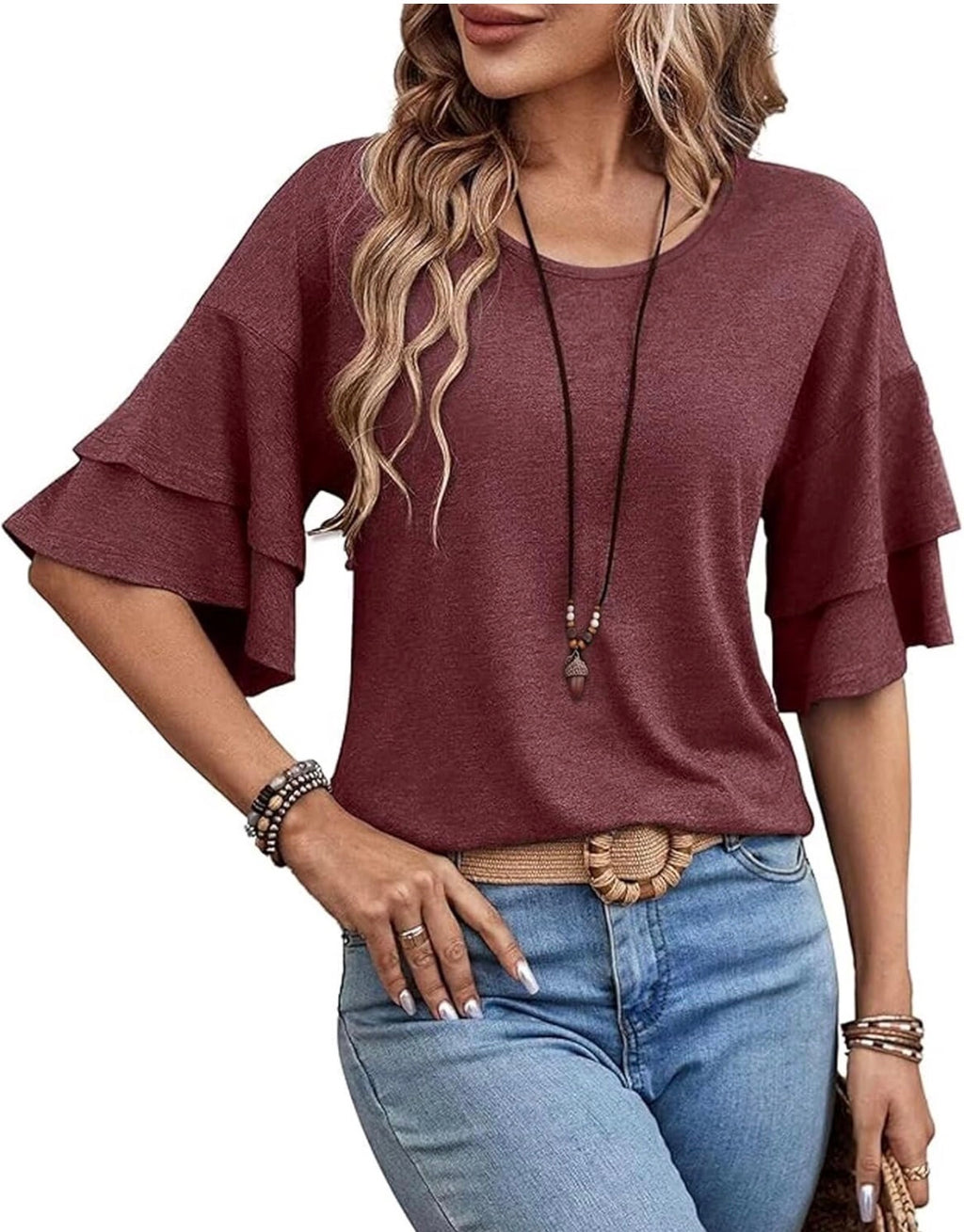 Blusa con Volantes Rojo Vino